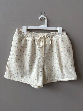Pretty Garbage Thick Sweatshirt shorts, Cream with blue flowers, Size Large